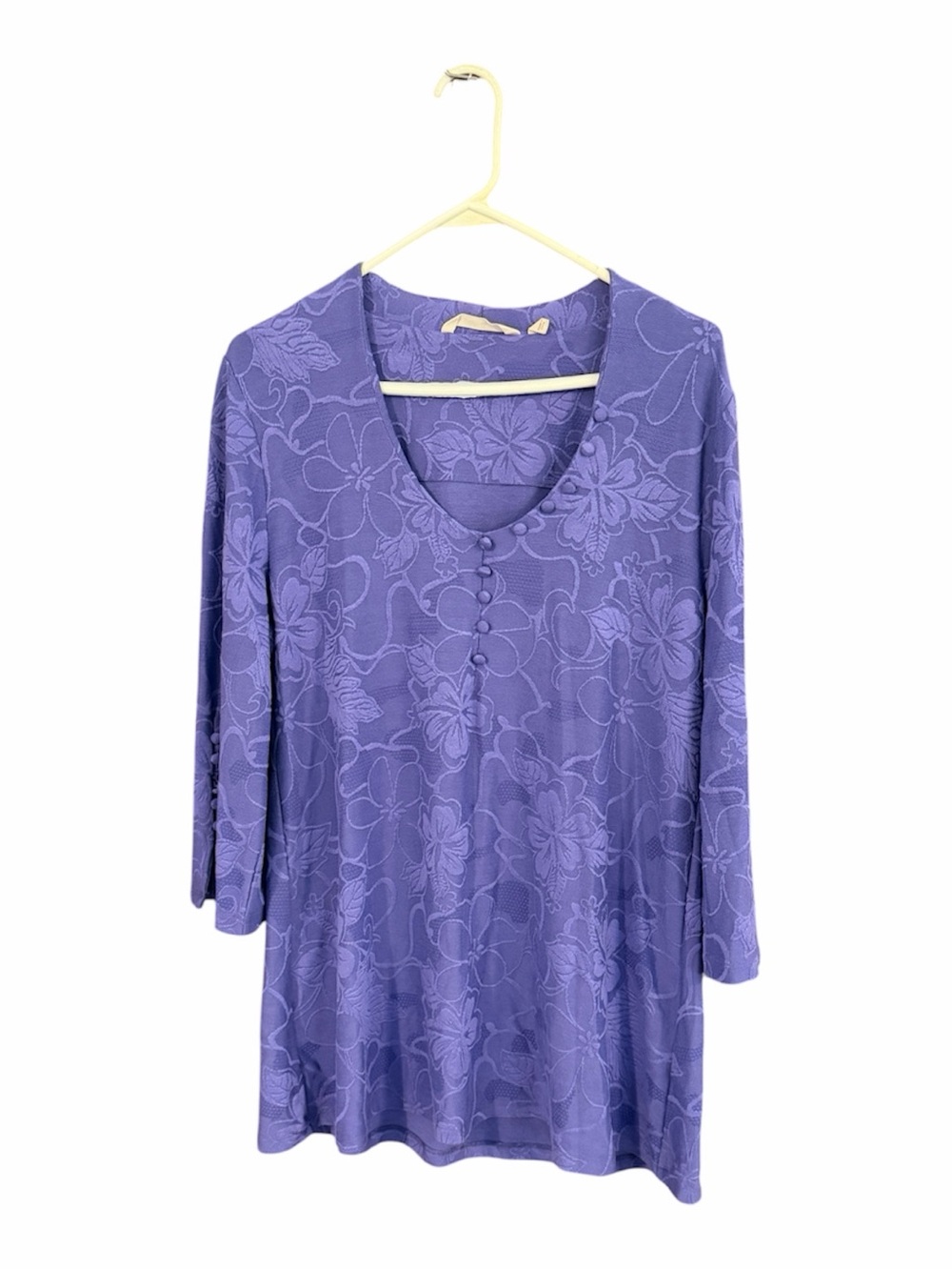 Soft Surroundings Floral Jacquard Tunic Top Button Detail 3/4 Sleeve L EUC